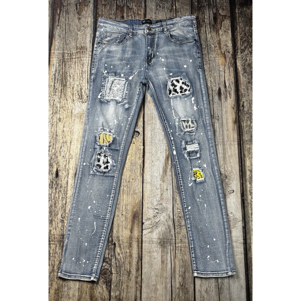 Waimea Men’s Jeans Skinny Fit 34×32 Paint Splatter Patchwork Streetwear Denim